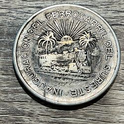 1950 Mexico Cinco Pesos Silver Coin Ferrocarril del Sureste 0.720