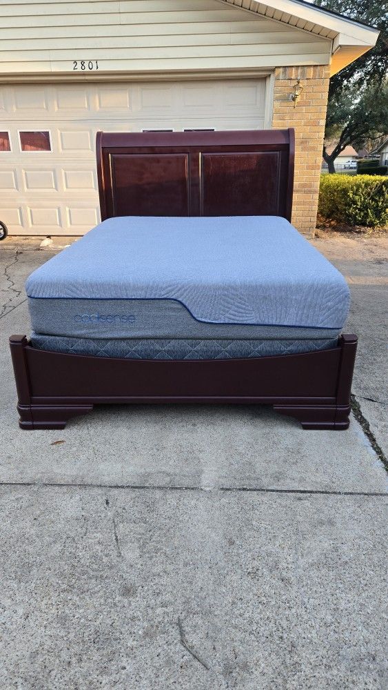 Queen Bed frame box spring and firm mattress for sale in excellent condition