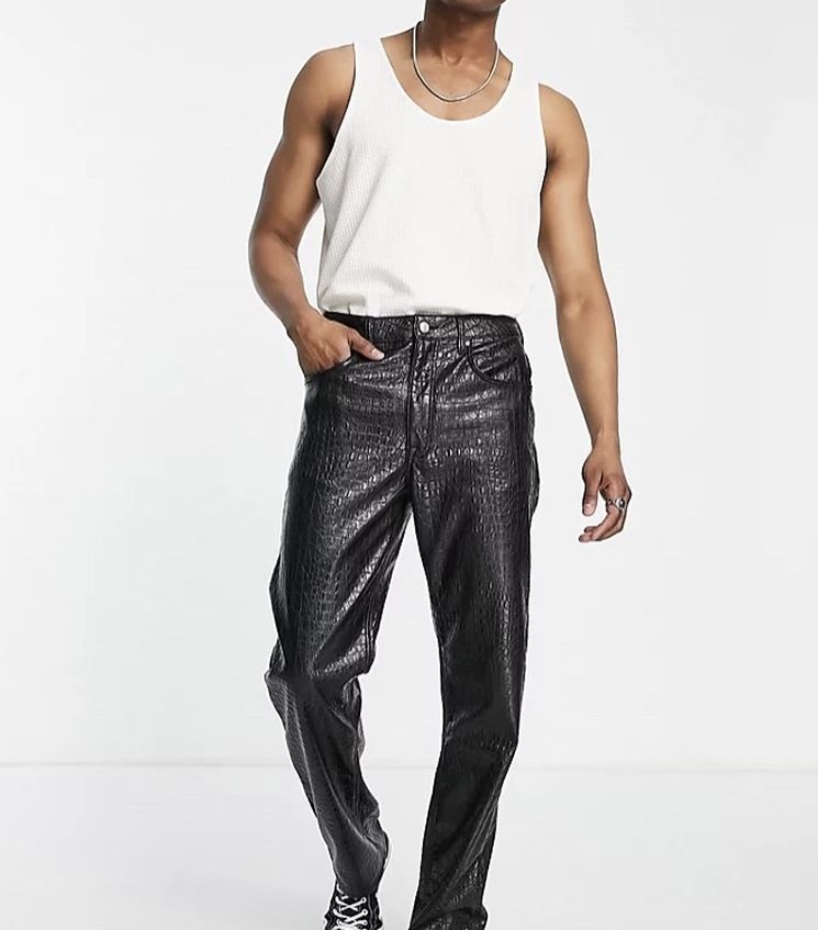 ASOS Faux Leather Croc Print Black Straight Leg Pants Mens 30/32