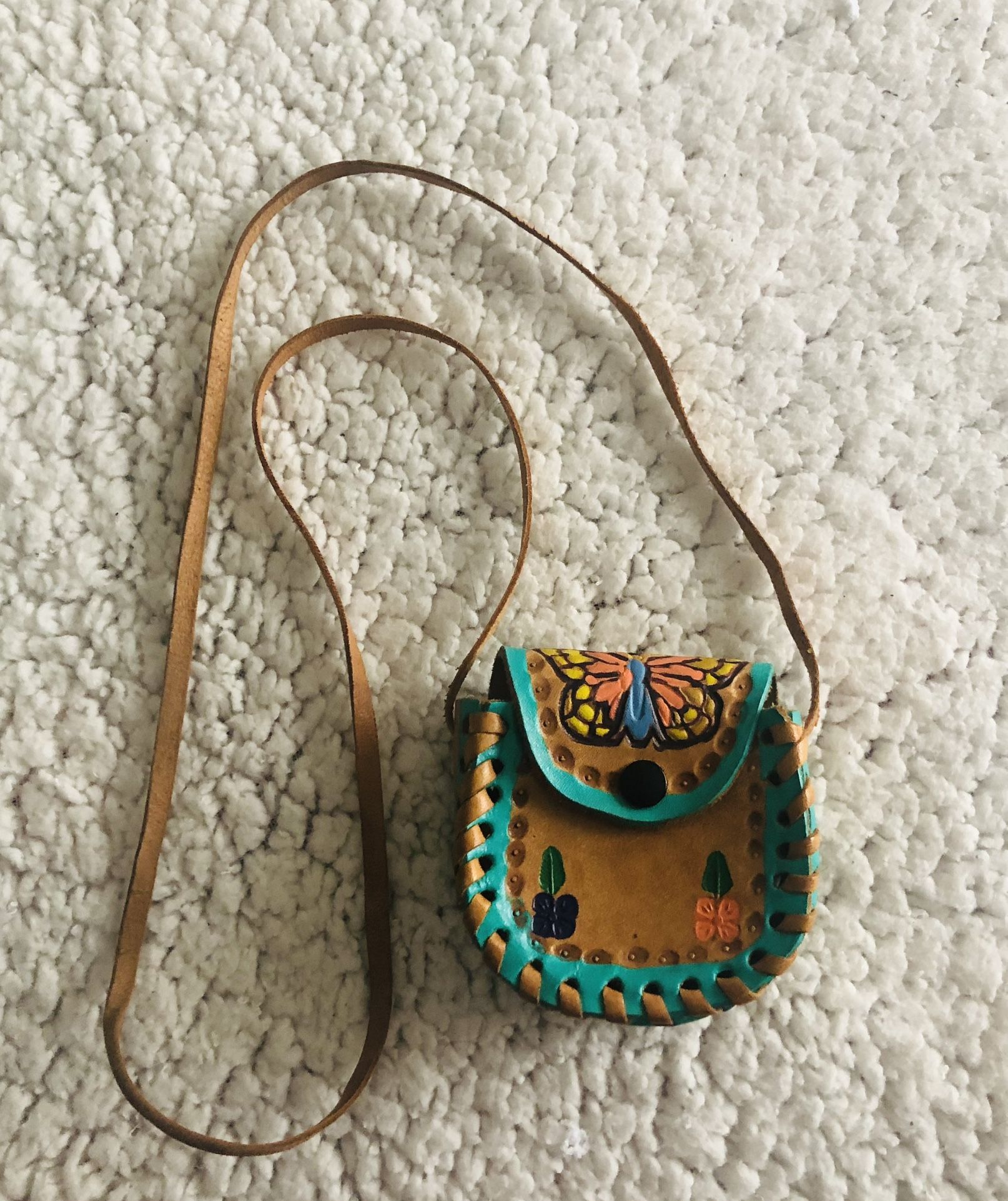 Small Adorable girls Leather Tooled Butterfly/Floral Handmade Purse. 4”x 4” with 15” Strap.