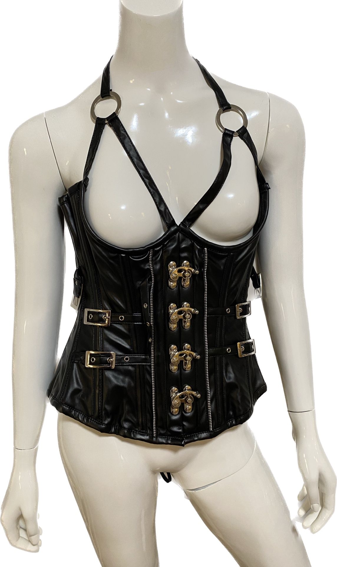 Black Magic Corset in Faux Leather & Cotton & Metal Hardware Size Medium