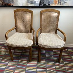 2 Drexel Heritage Accolade Collection Rustic European Cane Back Dining Arm Chairs -Beige and Brown Stripped Upholstery 