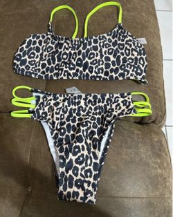 Leopard Print Bikini Set with Neon Straps size Small