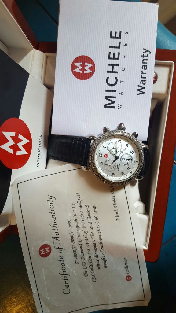 AUTHENTIC MICHELE DIAMOND&MOTHER OF PEARL CHRONOGRAPH WATCH W 2 BANDS