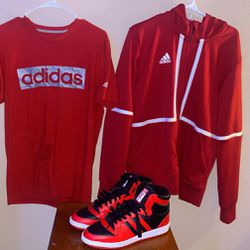 Adidas Red Shoes, T-shirt, and Hoodie 