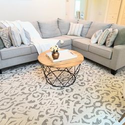 Complete Living Room: Sectional couch, 9 neutral cushions, rug & 2 arm Chairs. 