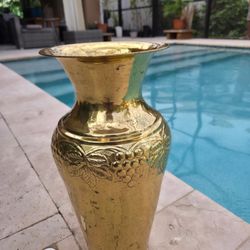 Vintage Brass  Vase Embossed Grapes&Leaf  14.75"x6.5"
