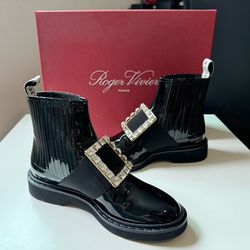 Roger Vivier Viv Rangers Strass Buckle Chelsea Booties in Patent Leather 