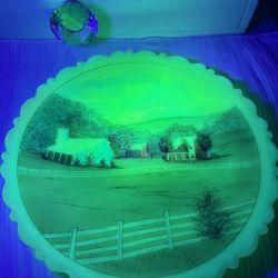 Rare Vintage Fenton Uranium Custard Fenced Farmhouse Barnyard Plate