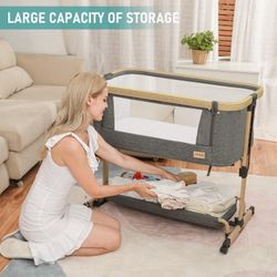 AMKE 3 in 1 Baby Bassinets,All-mesh Bedside Sleeper,Baby Cradle with Storage Basket,Easy Assemble Bassinet for Infant/Newborn,Adjustable Bedside Crib,