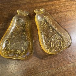 Set of 2 Yellow Pear Shaped dishes bowls with Flower designs Vintage 