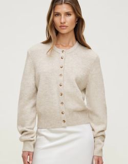 Dynamite Beige Solid Knit Crew Neck Button Front Long Sleeve Cardigan XS