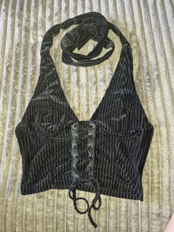 Black Velvet Lace-Up Halter Crop Top