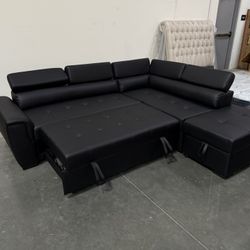 New! Contemporary Black Sectional, Black Faux Leather Sofa, L-Shaped Sofa With Pull-out Bed, Sofabed, Sectional Sofa Bed, Black Couch,Leatherette Sofa