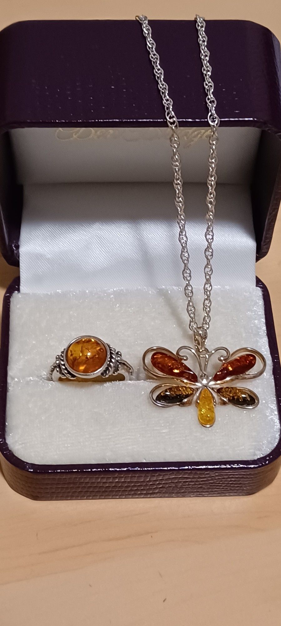 Sterling Silver Baltic Amber Butterfly Necklace With Matching Ring Women's 7.5