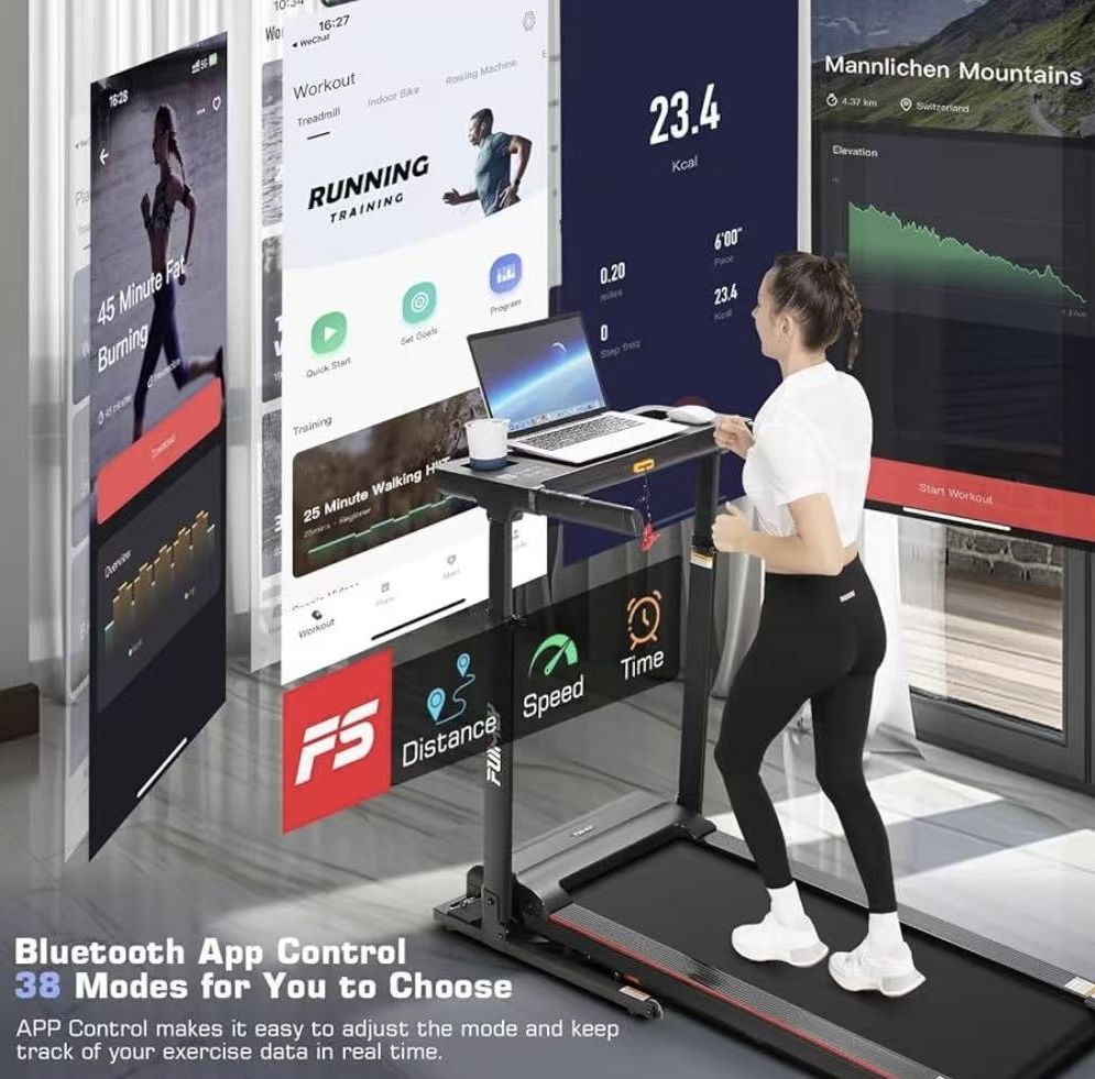 😀 Treadmill with Desk Workstation & Adjustable Height, 300 LBS Weight Capacity, Folding Treadmill with 3 Level Incline, Bluetooth Speaker & App, Port