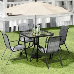 LAZY BUDDY 5-Piece Outdoor Dining Set, Patio Square Glass Table and 4 Stackable Chairs for Backyard Lawn Garden, (Umbrella not Included)