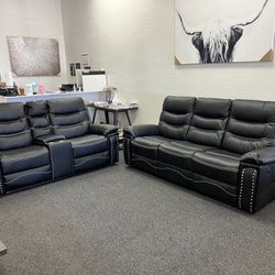 Black Power Reclining Sofa And Love Seat With USB 