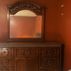  Beautiful Solid Wood Bedroom Furniture Set – Dresser + Mirror + Nightstand + Queen Bed Frame – $300 OBO (Pickup Only)