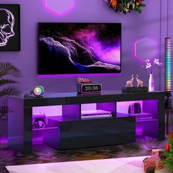 LED TV Stand for Televisions up to 55 Inchs,Modern Entertainment Center with Storage Drawer and Glass Shelf, TV Console Table 