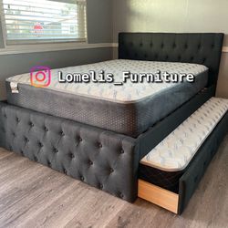 Full/Twin Gray Frenchi Tufted Trundle Beds W. Ortho Mattresses Included 