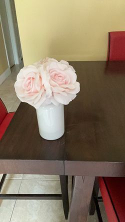 White Ceramic Vase with Faux Pink Roses