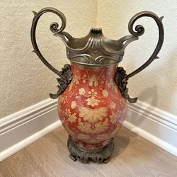 Wong Lee 1895 Porcelain Vase Bronze Handles Floral Red & Gold Tone Ornate 19" H
