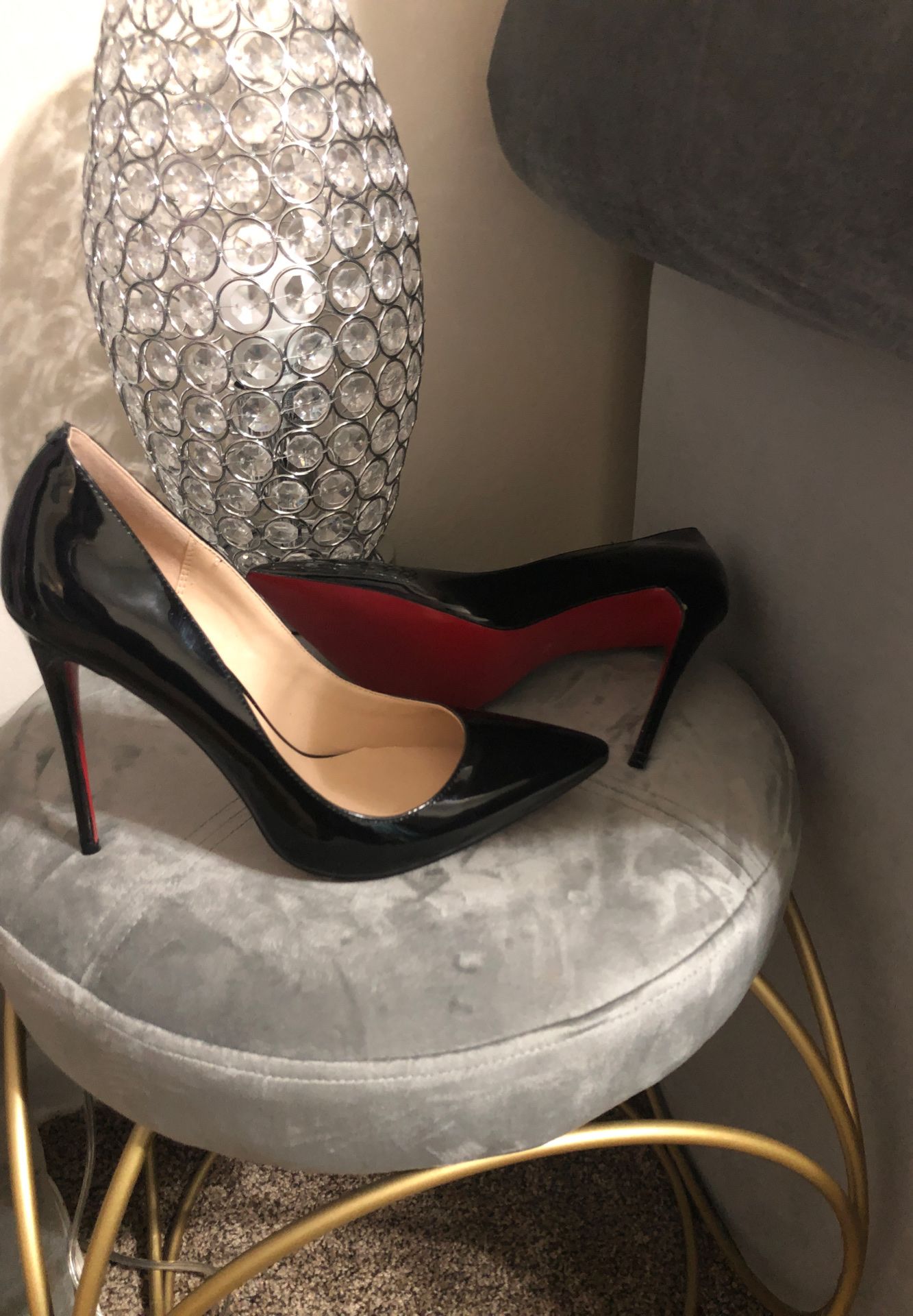 Black Paten leather red bottom 6 inch heels..