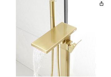 FREESTANDING TUB FILLER BATHTUB WATERFALL FAUCET BRUSHED GOLD FLOOR MOUNT