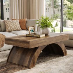 Modern Coffee Table, 47” Living Room Table, Rectangle Coffee Table with Artistic Arched Base, Wood Center Table for Living Room, Apartment, Bedroom, R