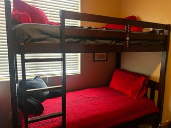 $190-Twin Mattress Walnut stained wooden bunk beds with everything in picture! Like New!