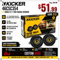 Kicker CSC35 Car Speakers 3 1/2" 2-Way Coaxial Speaker System 90 Watts 46CSC354 🚨 Payment Options Available 🚨 No Credit Needed 🚨
