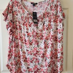 Robert Louis Womens Floral Blouse 1X Polyester & Spandex Pink/Coral NWT
