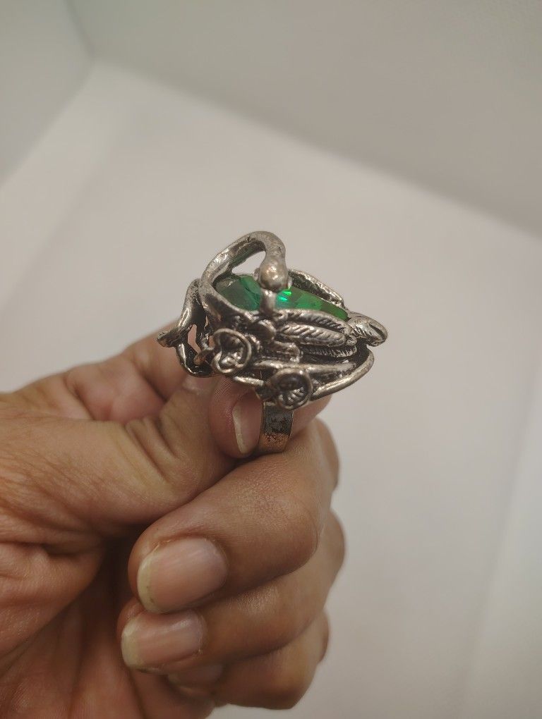 Swan Ring With Green Stone