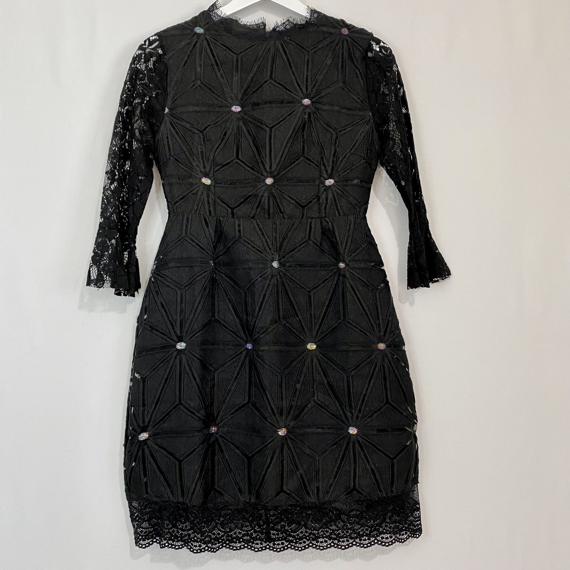 Coeur De Vague Women’s Half Sleeve Lace Print Sparkle Midi Dress Black Small NWT