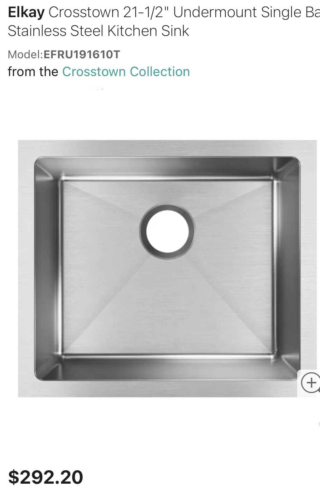 Elkay EFRU191610T Crosstown 211/2" Undermount Single Basin Stainless