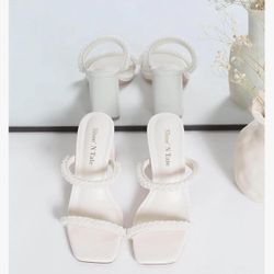 Shoe'N Tale Pearl Strappy Heels for Women Two Band Chunky Block Heeled Sandals Square Open Toe Backless Mules Slip On Pumps Dressy Shoes