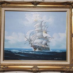 Vintage Ship Art In A Very Nice Frame ( C. Million)