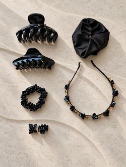 Women’s Black Hair Accessories Set Butterfly Claw Clips Scrunchie Beaded Tie