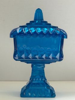 Jeannette Glass Blue Footed Pedestal Wedding Box Candy Dish