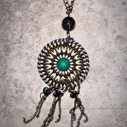 Bronze Tone Turquoise And Blue  Circle Sun Pendant Sphere Ball Tassels Necklace