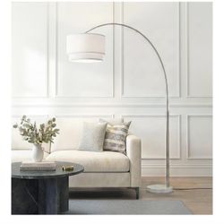 NEW Brightech Mason Arc Floor Lamp - Modern Corner Standing Lamp with Unique Hanging Drum Lamp Shade for Living Room - Bright Overhead, Curved Hanging