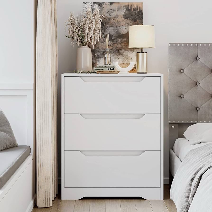 Modern 3 Drawer Dresser, Wood Chest of Drawers with Storage, Tall Nightstand with Cut-Out Handles, Side End Table, Accent Storage Cabinet fo