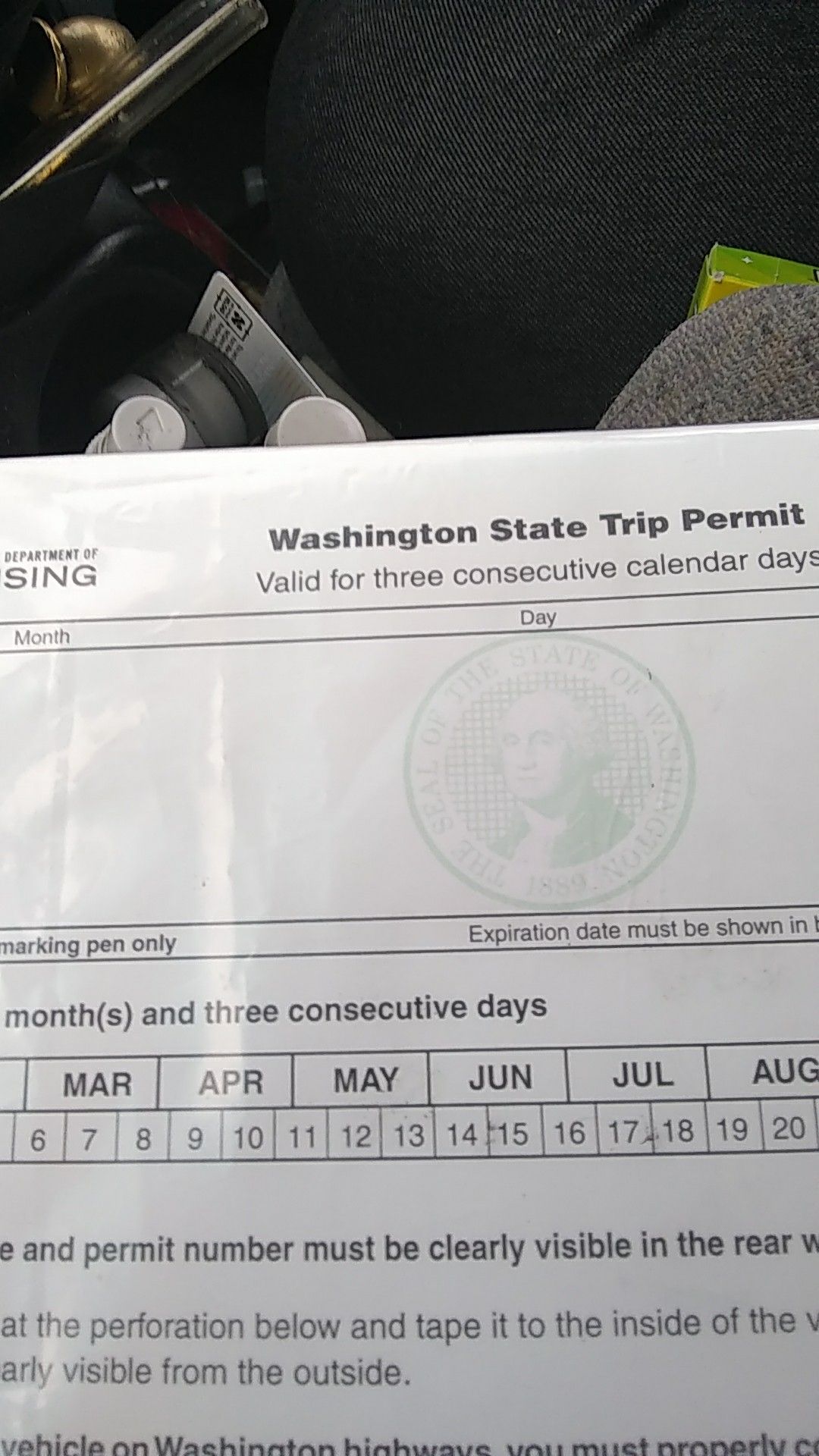 Temporary Printable Washington State Trip Permit Template