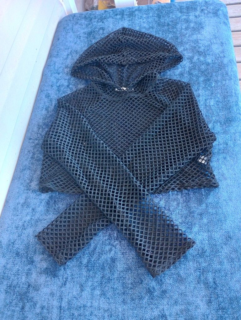 Heart Hips Crop Top Fishnet Hoodie Pullover Womens Size Small Black