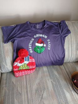 THE GRINCH MEDIUM SHIRT AND BENIE WINTER CAP.