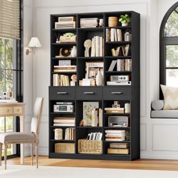Black Bookshelf & Storage Cabinet Combo – 12 Cubbies, 3 Drawers