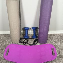 Women’s Exercise Lot - Yoga Mats Dumbbells Balance Twist Board Stretch Band
