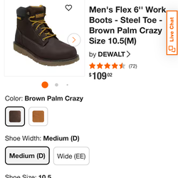 DeWWLT Work Boots - Steel Toe - Brown Palm Crazy Size 9.5(M) bc