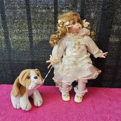 Porcelain Collectible Doll 14" Little Girl With Dog Nipping At Dress
